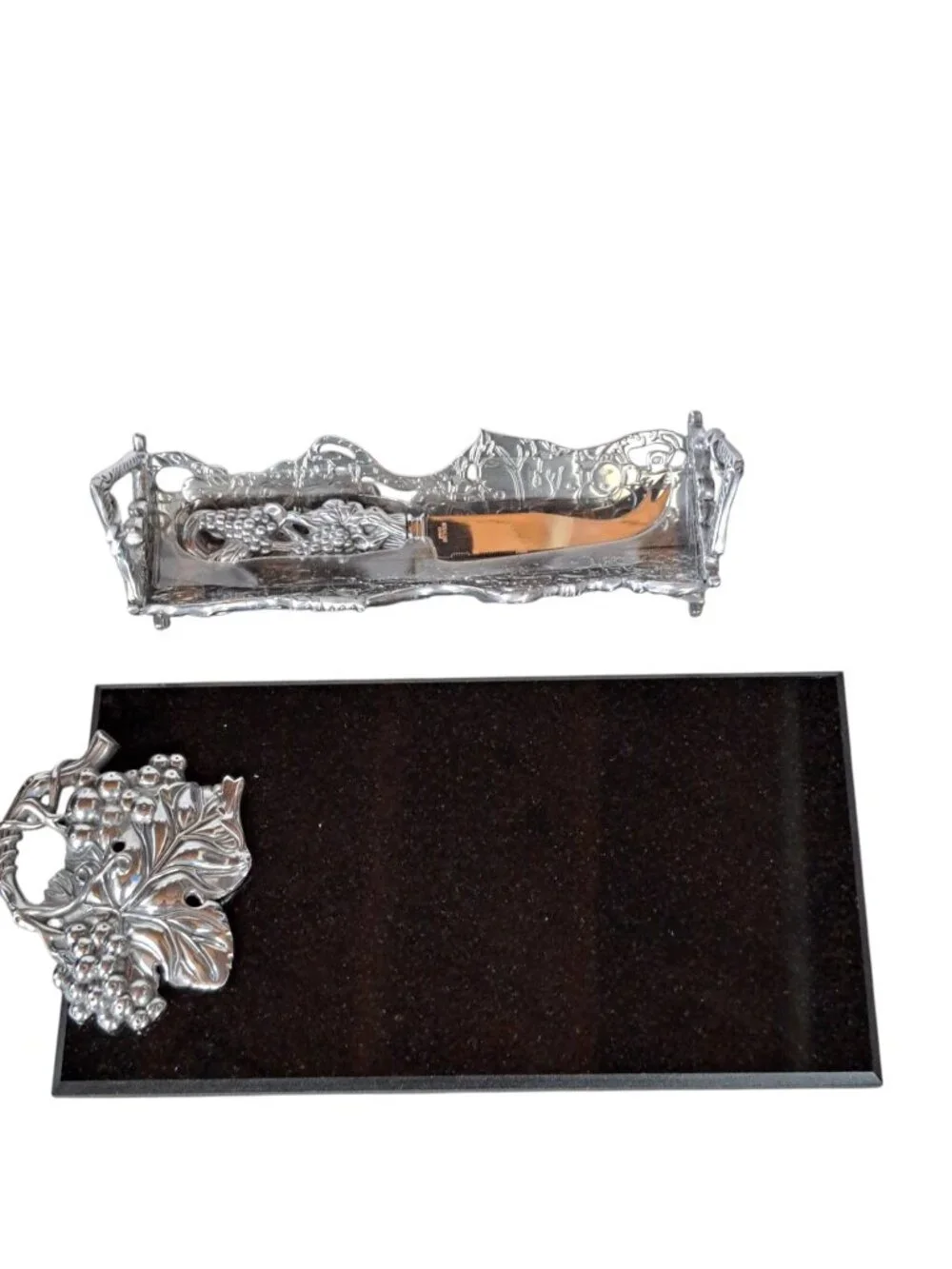 Arthur Court Cheese Cracker Pewter Grapes Black Marble 3 Piece Serving Set New